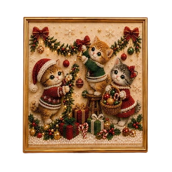 Christmas 3D Beaded Art Diy Diamond Painting Kit Holiday Cat Design Home Wall Decor Craft,Gold2-20X20Cm