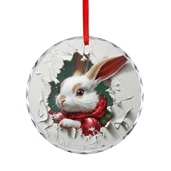 Christmas 3D Break Through Rabbit Christmas Ornament Xmas Decor Indoor Home Holiday Party Gifts Christmas Animals Bunny Rabbit Round Shaped Glass Ornament