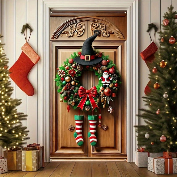 Christmas 3D Door Cover Decoration with Cartoon Characters, Christmas Stockings and 27-Letter Santa Claus Elements for Wall Decoration Festival Party Decoration