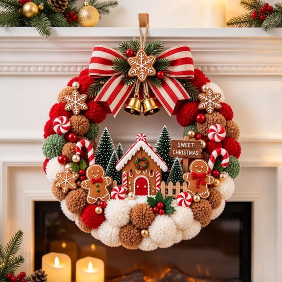 Christmas 3D Fabric Poke Wreath DIY Kit - 9.8" Christmas Wreath DIY Kit for Adults, Christmas Decorations for Indoor Home, Gift for Craft Lovers (Gingerbread)