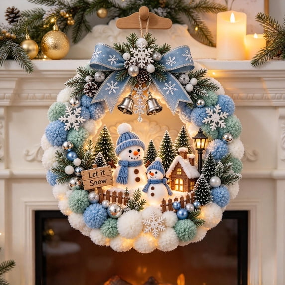 Christmas 3D Fabric Poke Wreath DIY Kit - 9.8" Christmas Wreath DIY Kit for Adults, Christmas Decorations for Indoor Home, Gift for Craft Lovers (Snowman)