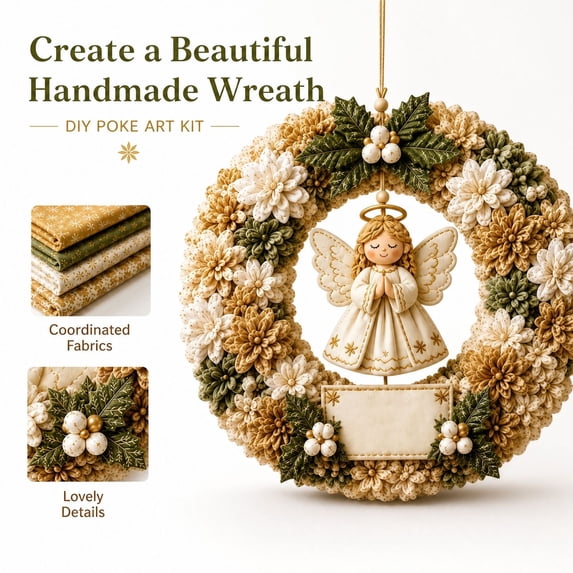 Christmas 3D Fabric Poke Wreath DIY Kit for Adults, Angel Holiday Fabric Poke Wreath Craft Set, Front Door Hanging Wreath, Holiday Home Decor & Handmade Christmas Gift