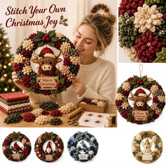 Christmas 3D Fabric Poke Wreath DIY Kit for Adults, Highland Cow Holiday Fabric Poke Wreath Craft Set, Front Door Hanging Wreath, Holiday Home Decor & Handmade Christmas Gift