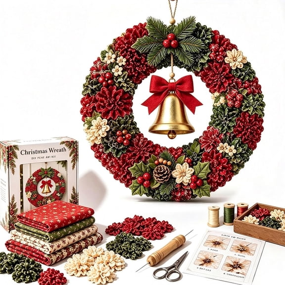 Christmas 3D Fabric Poke Wreath DIY Kit, Christmas Wreath DIY Kit for Adults Teens, Christmas Decorations Indoor, Beginner-Friendly Holiday Wreath Making Kit & Door Decor (Bell)
