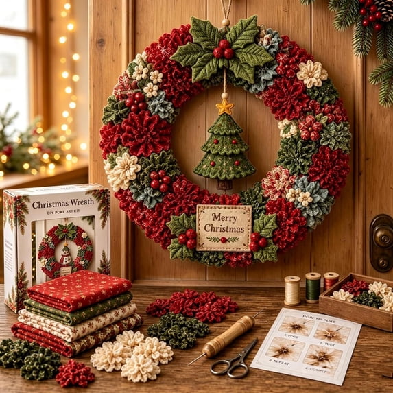 Christmas 3D Fabric Poke Wreath DIY Kit, Christmas Wreath DIY Kit for Beginners, Holiday Decorations Gift