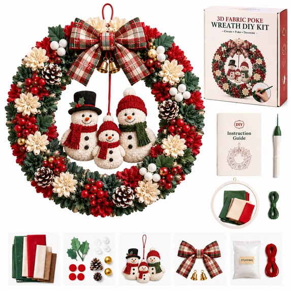 Christmas 3D Fabric Poke Wreath DIY Kit, Snowman Style, Handmade Festive Wall Hanging Christmas Indoor Outdoor Decor