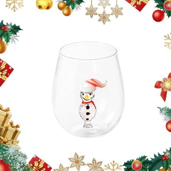 Christmas 3D Figurine Glass Cup, Stemless Wine Glass with Inner Holiday Character for Cocoa, Juice & Eggnog 13.5 oz