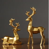 Christmas 3D Geometric Reindeer Figurines Set of 2, Golden Tabletop Christmas Decoration, Resin Sitting & Standing Deer Statue, Bedroom Shelf Ornament for Home Living Room Office