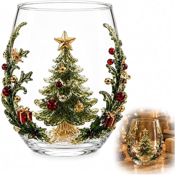 Christmas 3D Glass Cup Collection, Stemless Tumbler With Christmas tree, Hand Painted Holiday Ornament Glassware, Festive Gift for Kitchen Party Table Decor(Christmas tree)