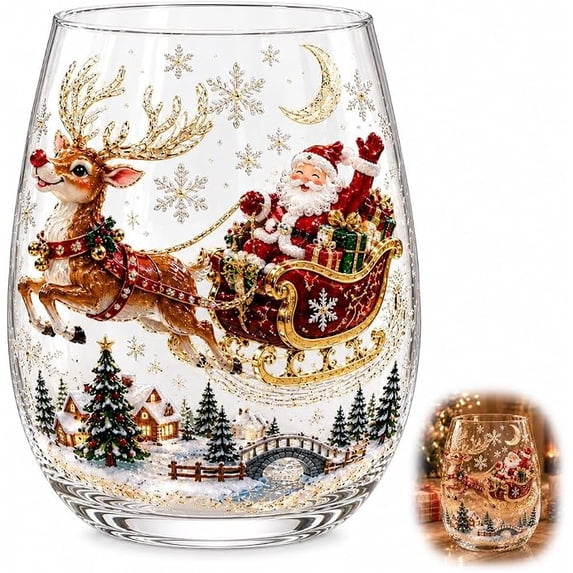 Christmas 3D Glass Cup Collection, Stemless Tumbler Hand Painted Holiday Ornament Glassware, Festive Gift for Kitchen Party Table Decor(Rindeer)