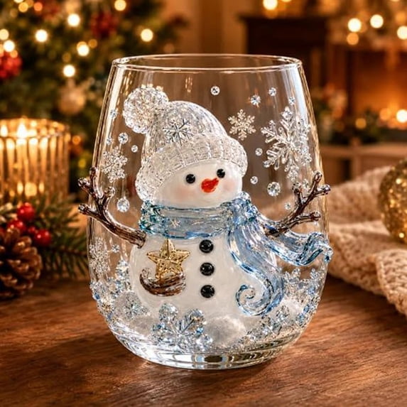 Christmas 3D Glass Cup Collection, Stemless Tumbler With Snowman, Hand Painted Holiday Ornament Glassware, Festive Gift for Kitchen Party Table Decor(Snowman)