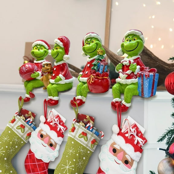 Christmas 3D Grinch Stocking Holders for Mantle, Set of 4 Grinch Painted Stocking Grinch Holders Hook for Mantel, Weighted Non-Slip Fireplace Stocking Holders for Grinch Christmas Decoration