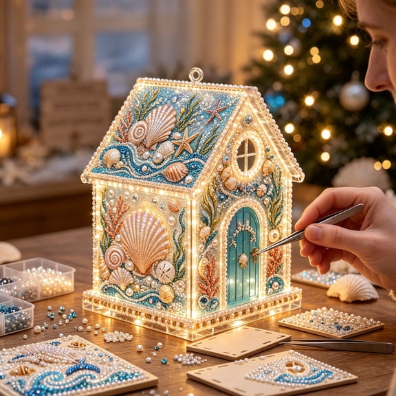 Christmas 3D House Diamond Art Set Pearl Art Kit Acrylic,Sea Themed Houses Beads Craft Kits with LED Lights,DIY Xmas Tree Ornaments,Festive Tabletop Display Holiday Decor Gifts