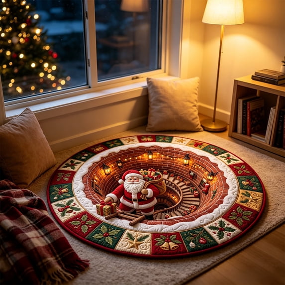 Christmas 3D Optical Illusion Round Area Rug, 32 inch, Vortex Floor Mat with Xmas Pattern, Christmas Decor Door Mat for Party and Entryway