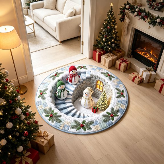 Christmas 3D Optical‑Illusion Round Area Rug Faux‑Quilt Round Rug, 23.62‑Inch Festive Holiday Floor Mat for Entryway, Living Room & Bedroom Indoor Home Decor