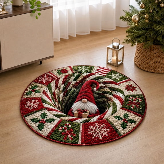Christmas 3D Optical Illusion Round Rug, Gnome Patchwork Spiral Carpet, Non Slip Washable Floor Mat for Living Room Bedroom Indoor Home Xmas Holiday Decor, Christmas Magic Payment Gift