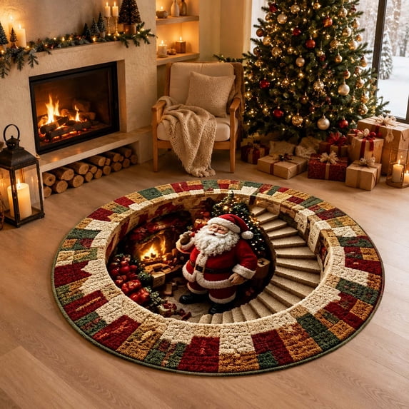 Christmas 3D Optical Illusion Round Rug, Santa Visual Trick Floor Mat, Non Slip Circular Carpet, Xmas Living Room Decor, 1 Pc