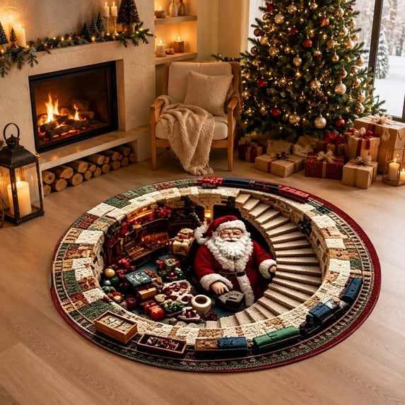 Christmas 3D Optical Illusion Round Rug, Santa Visual Trick Floor Mat, Non Slip Circular Carpet, Xmas Living Room Decor, 1 Pc
