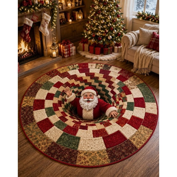 Christmas 3D Optical Illusion Round Rug, Swirl Depth Pattern Area Mat for Home Holiday Decor
