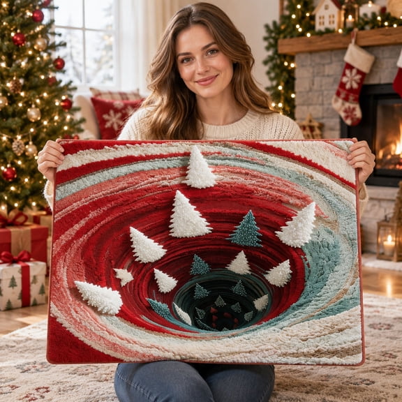 Christmas 3D Optical Illusion Rug, Crystal Velvet Non Slip Area Rug 19.68 x 31.49 Inch, Xmas Tree Vortex Visual Trap Floor Mat for Indoor Home Holiday Party Decor