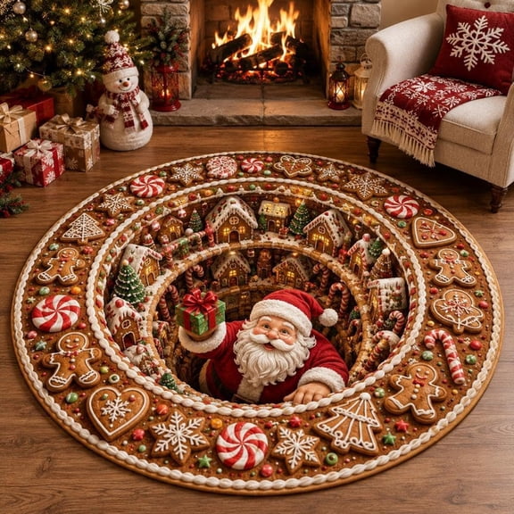 Christmas 3D Optical Illusion Rug,Santa Depth‑Pattern Non‑Slip Floor Mat,Christmas Decor Door Mat,Round Decorative Area Carpet for Holiday Entryway Bedroom Living Room,15.75 inch