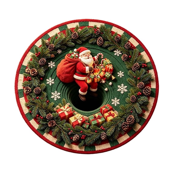 Christmas 3D Optical Round Rug Santa Crawling Out of Wreath Plush Non ...