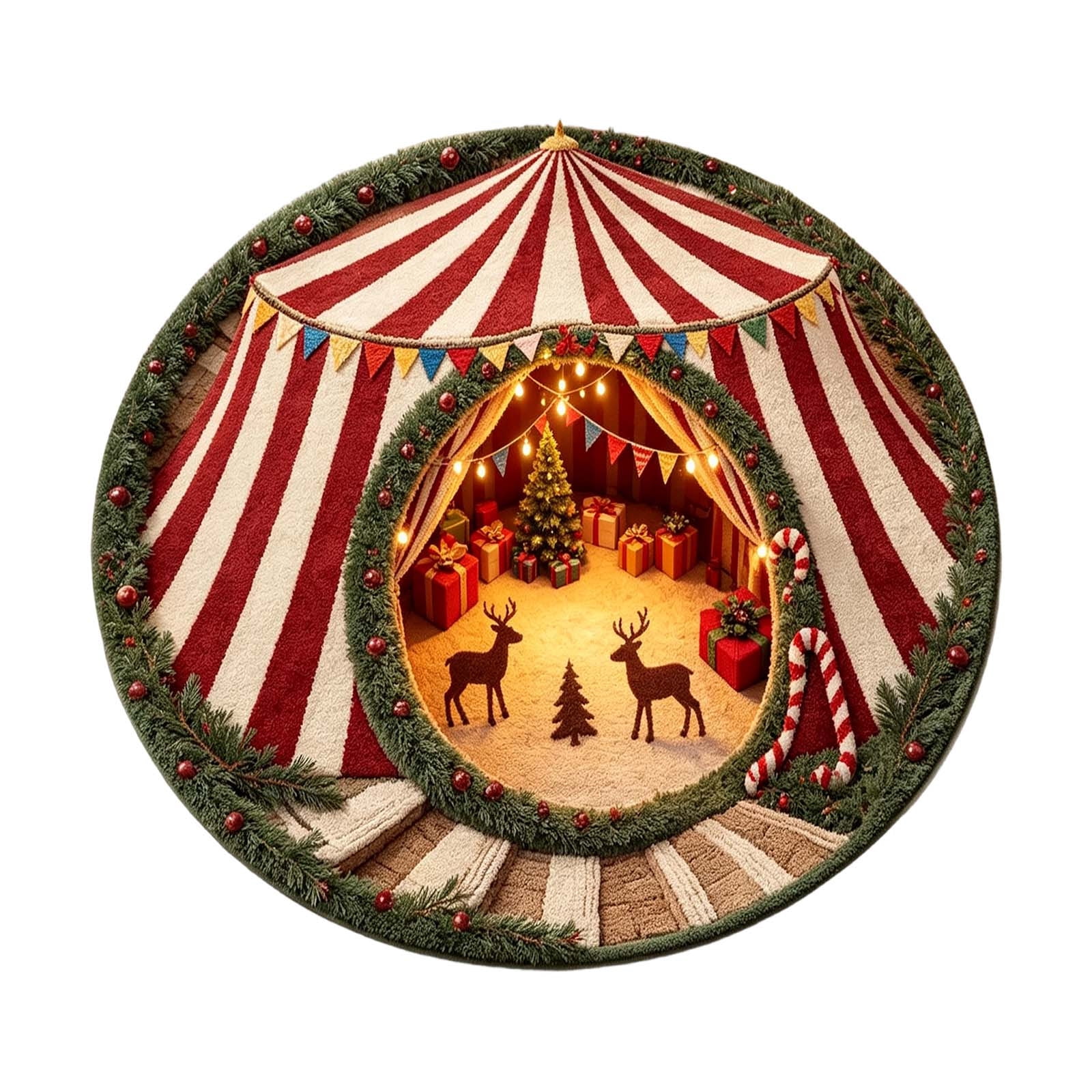 Christmas 3D Optical Round Rug With Circus Tent And Reindeer Print Non ...