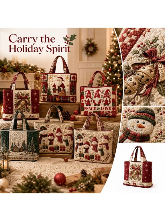 Christmas 3D Print Tote Bag 15.7in, Large Capacity Quilted Handbag for Women, Festive Polyester Shopping Bag for Holiday & Daily Use