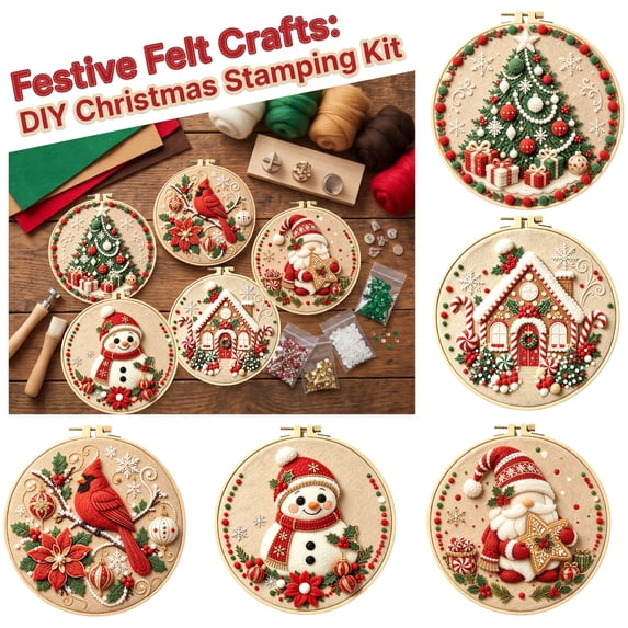 Christmas 3D Punch Needle Felt Art DIY Kit, Festive Wool Punch Embroidery Hoop Wall‑Hanging Craft Set