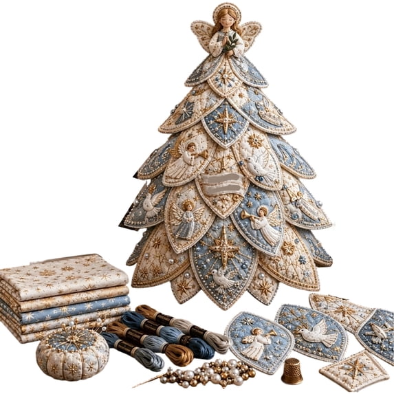 Christmas 3D Quilted Tree Ornament Craft Kit, Angel Choir Beaded Patchwork Design for Adults and Tabletop Decor, 7.87 in
