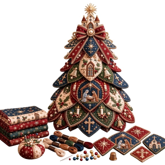 Christmas 3D Quilted Tree Ornament Craft Kit, Church Nativity Beaded Patchwork Design for Adults and Tabletop Decor, 7.87 in