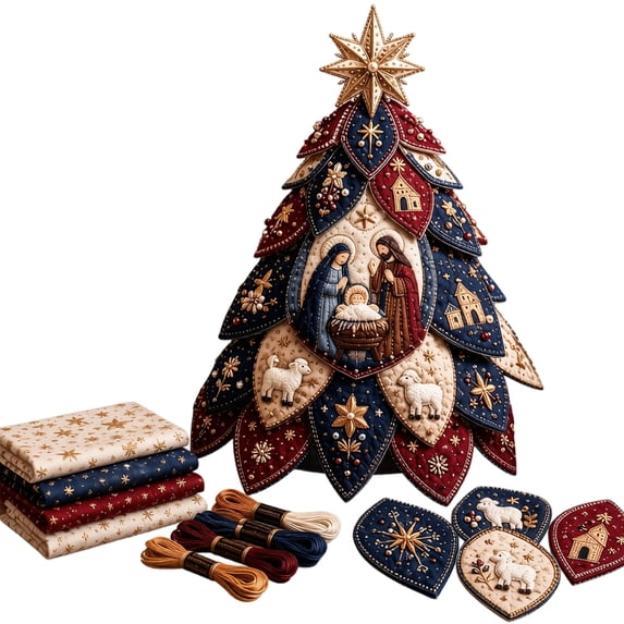 Christmas 3D Quilted Tree Ornament Craft Kit, Holy Family Beaded Patchwork Design for Adults and Tabletop Decor, 7.87 in