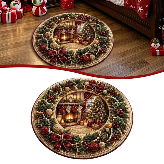 Christmas 3D Rug, Christmas Optical Illusion Area Mat Optical Illusion Floor Mat With Depth Pattern, Funny Round Floor Carpet For Porch Holiday Entryway Living Room Christmas tree