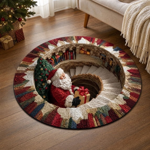 Christmas 3D Rug, Christmas Optical Illusion Area Mat, Round Floor Carpet, Santa Claus Snowman Gnome 3D Effect Design Floor Mat for Living Room & Bedroom Christmas Decor