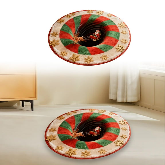 Christmas 3D Rug Circular Carpet with Visual Depth,Holiday Themed Floor Mat for Living Room,Non-Slip Design