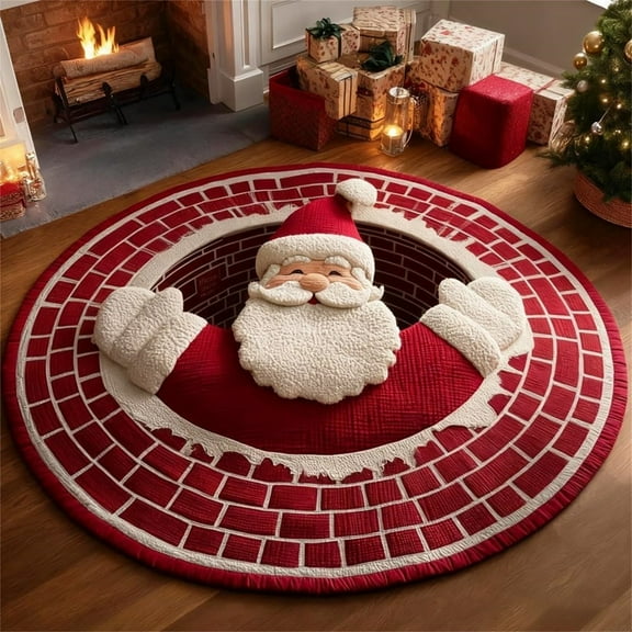 Christmas 3D Rug, Optical Illusion Rug, 3D Christmas Rugs, Optical Illusion Door Mat, Santa Claus Quilted & Gnome Quilted Round Mat, Non-Slip Floor Mat, Christmas Area Rug for Living Room, 15.75inch