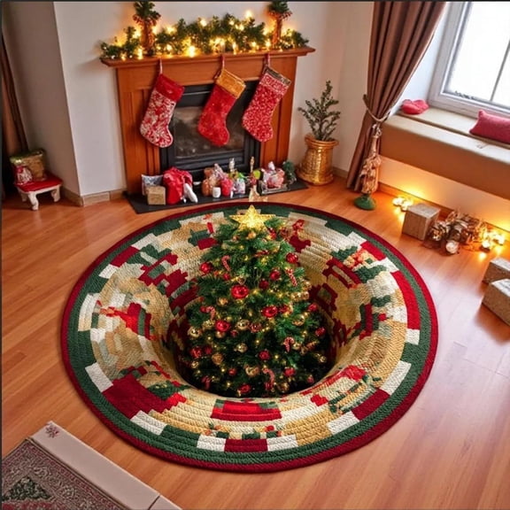 Christmas 3D Rug, Round Optical Illusion Holiday Floor Mat (#O,32 * 32IN) | Festive Santa, Snowman & Gnome Design, Nonslip Round Rug for Living Room, Bedroom & Entryway