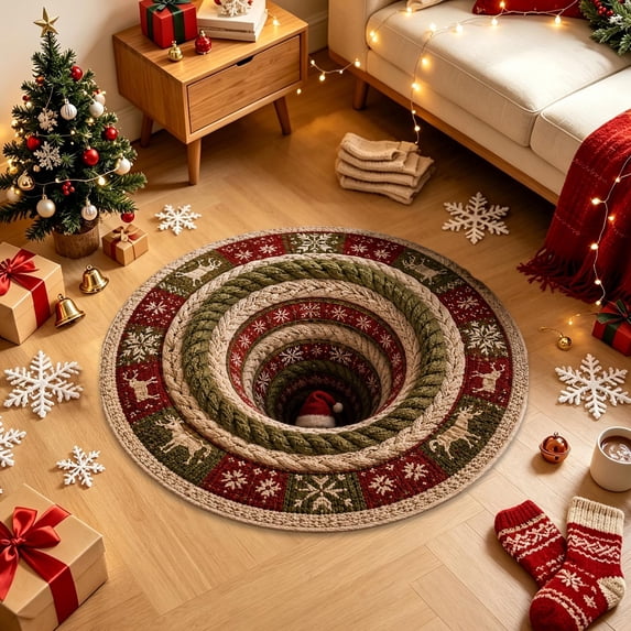Christmas 3D Rug Round Optical Illusion Non-Slip,Non-Slip & Wear-Resistant, Machine Washable, Indoor Entryway Use, Festive Holiday Decor