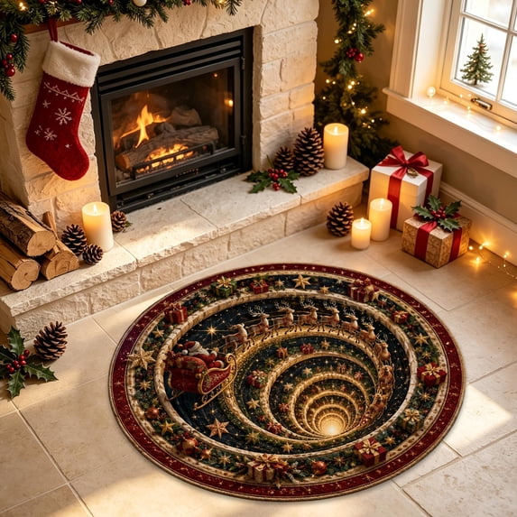 Christmas 3D Rug Round Optical Illusion Non-Slip,Non-Slip & Wear-Resistant, Machine Washable, Indoor Entryway Use, Festive Holiday Decor