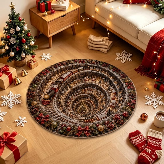 Christmas 3D Rug Round Optical Illusion Non-Slip,Non-Slip & Wear-Resistant, Machine Washable, Indoor Entryway Use, Festive Holiday Decor