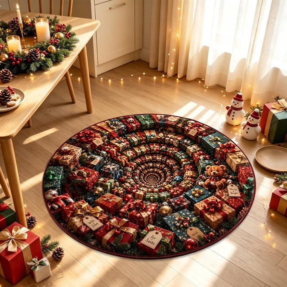 Christmas 3D Rugs Optical Illusion, 23.62Inch Christmas Round Rug, 3D Effect Design Floor Mat, Decorative Christmas 3D Rug for Living Room and Bedroom Christmas Decor