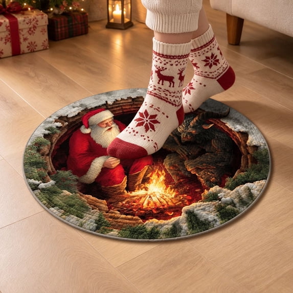 Christmas 3D Rugs Optical Illusion,Vortex Floor Mat with Christmas Pattern,Non-Slip Santa Claus Round 3D Effect Design Floor Mat for Festive Xmas Holiday Party Home Indoor Decorative