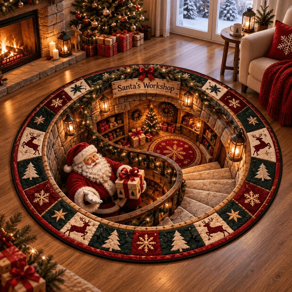 Check Floor Rug Christmas 3D Santa's Workshop Spiral Staircase Round Rug, Holiday Decor ...