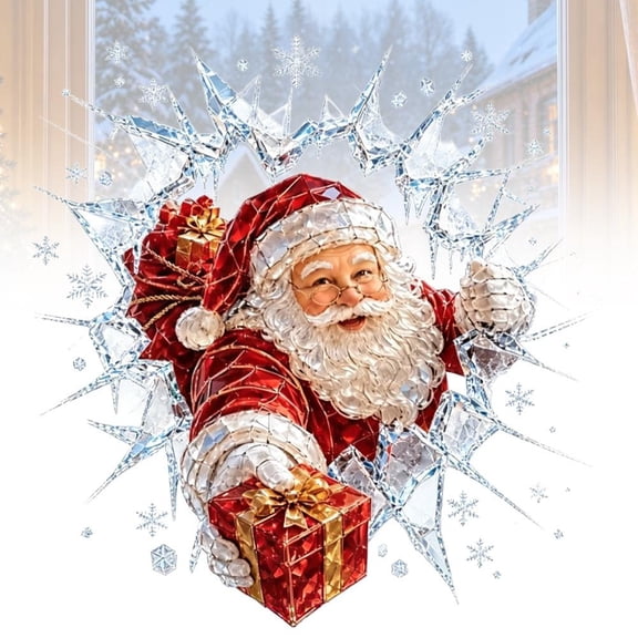 Christmas 3D Shattered Ice Static Cling Decal Zero Adhesive Santa Claus Window Sticker Film for Home Glass Doors Mirrors Holiday Decor