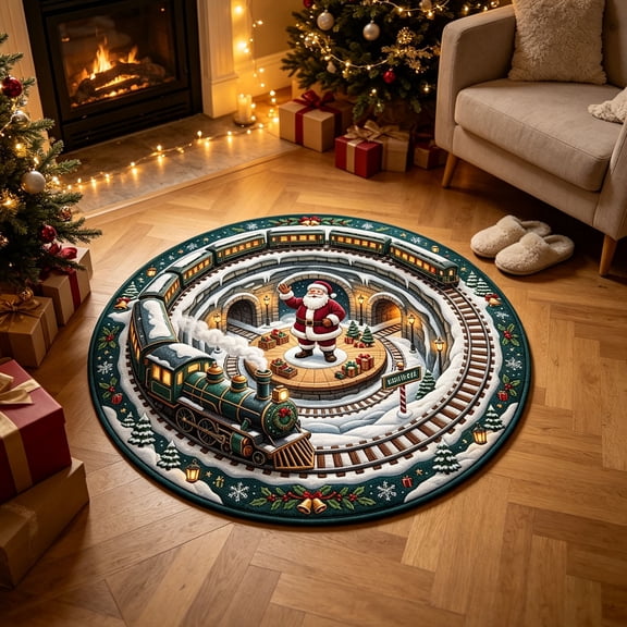 Christmas 3D Visual Round Area Rug Faux‑Embossed 3D Printed Round Rug, 23.62‑Inch Festive Holiday Floor Mat for Living Room, Dining Room & Bedroom Indoor Home Decor