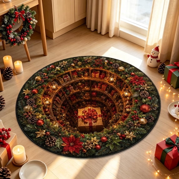 Christmas 3D Visual Round Rug, Optical Illusion Christmas Area Mat for Indoor Outdoor Use, Decorative Rugs Welcome Floor Mat for Living Room Home Gifts