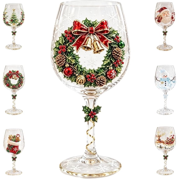 Christmas 3D Wine Glass Collection Gift Box Set, 3D Christmas Glassware with Raised Holiday Designs, Festive Christmas Glass Cups for Party and Home Christmas Decor