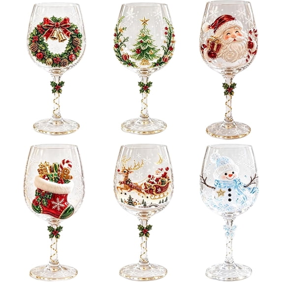 Christmas 3D Wine Glass Collection Gift Box Set,3D Christmas Glassware with Raised Holiday Designs,Festive Christmas Glass Cups for Wine,Drinks,Party and Home Decor(6PCS)