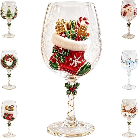 Christmas 3D Wine Glass Collection Gift Box Set,3D Christmas Glassware with Raised Holiday Designs,Festive Christmas Glass Cups for Wine,Drinks,Party and Home Decor(A6)