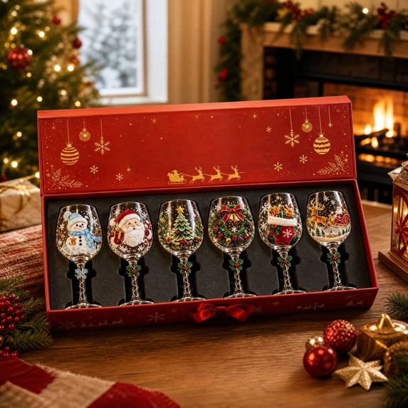 Christmas 3D Wine Glass Collection Gift Box Set, 3D Santa Christmas Wine Glass, Raised Holiday Goblet with Snowflake Decor, Festive Glassware for Wine, Cocktails, Holiday Party & Table Decor